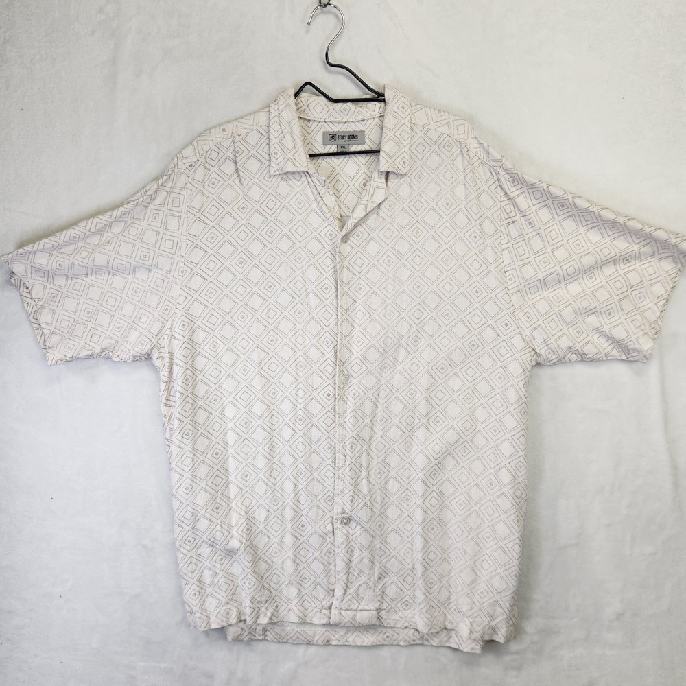 Stacy Adams Mens XXL Linen Blend Short Sleeve Button Up Geometric Diamond Shirt